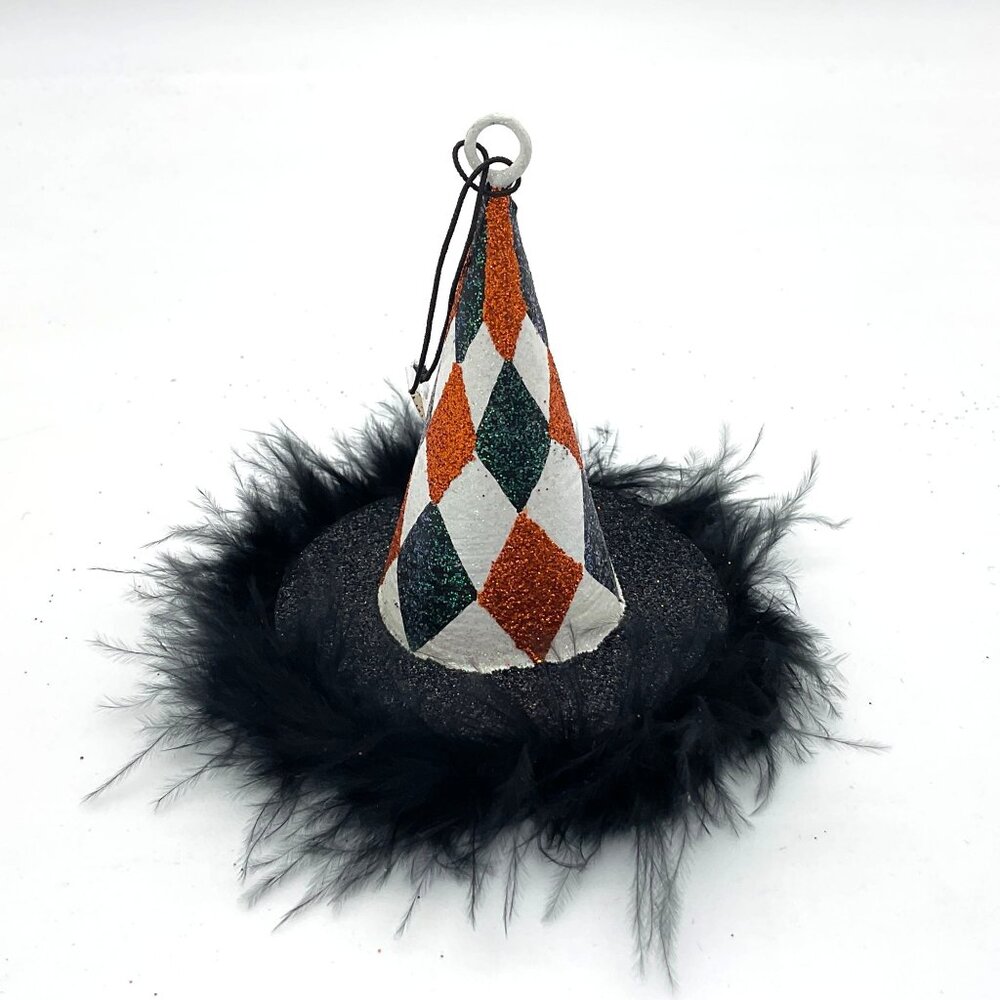 Pier 1 Discontinued 3.5in Witch Theme Ornament NWT Harlequin Pattern Witch Hat